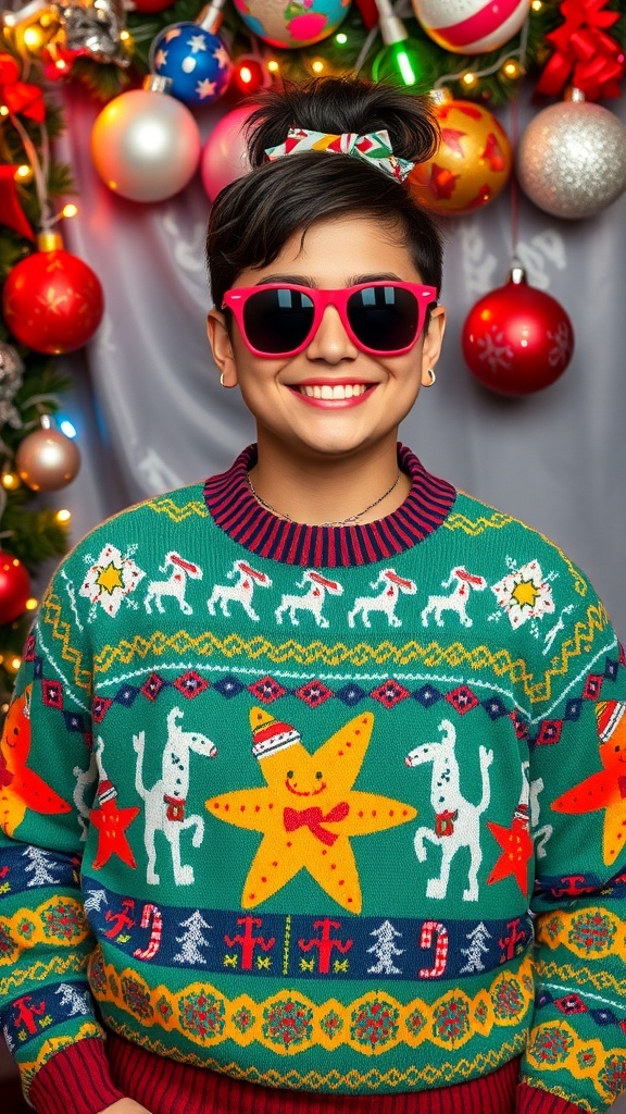 A person in a colorful 90s sweater with Christmas decorations in the background, showcasing a festive and playful profile picture.
